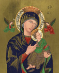 Icon of Blessed Virgin Mary holding Jesus with Archangels Michael and Gabriel appearing above her shoulders.