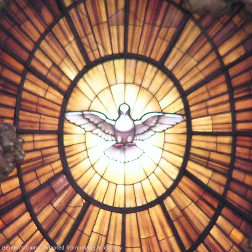 Stained Glass Window of Dove with Golden Rays and Dark Edging, Bernini's Gloria from Saint Peter's Basilica, adapted from image at cia.gov
