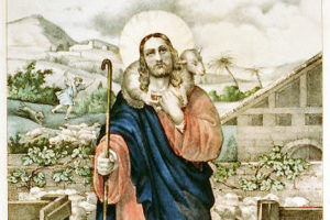 Jesus the Good Shepherd, adapted from antique Currier & Ives image at loc.gov