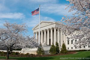 Supreme Court Facade with Parkland and Blossoming Trees, adapted from image at supremecourt.gov