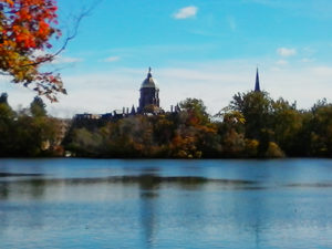 Saint Joseph's Lake with Golden Dome and Basilica of the Sacred Heart in the Distance