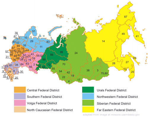 Map of Russian Regions, adapted from image at moscow.usembassy.gov by Steven C. Welsh :: www.stevencwelsh.com :: www.stevencwelsh.info