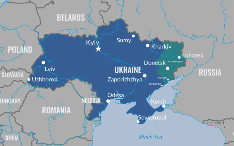 Ukraine Map Highlighting Donbas, adapted from defense.gov image with photo credit to DOD, Peggy Frierson