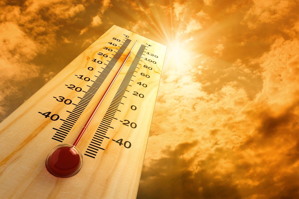 Artist's Depiction of Thermometer Showing High Termperatures, and Sun, adapted from .gov source