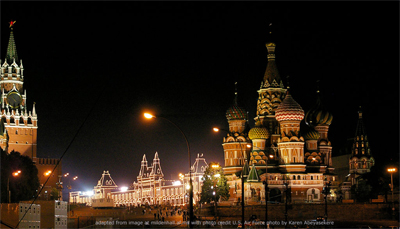 Kremlin, St. Basil's, Red Square, at night, adapted from image at af.mil