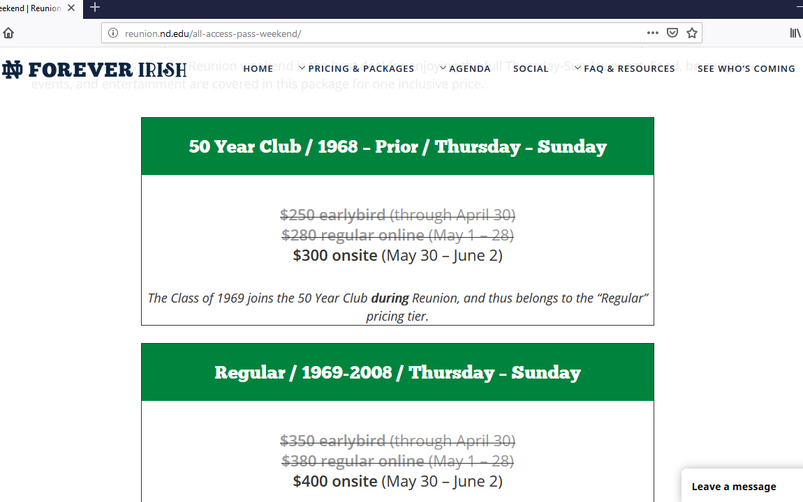 Notre Dame Alumni Reunion Pricing Screenshot