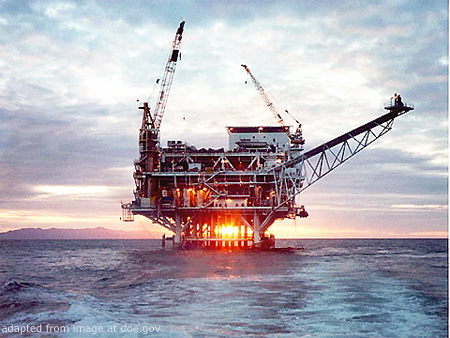Offhsore Oil Rig and Sun Over Water, adapted from image at energy.gov