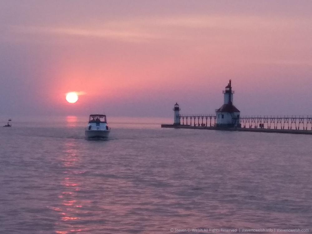 Sunset Over Lake and Lighthouses 