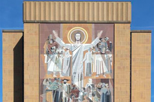 File Photo of Word of Life Stone Mural Mosaic, Featuring Christ with Arms Upraised, On the Hesburgh Memorial Library at Notre Dame