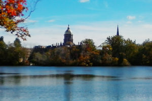 Saint Joseph's Lake with Golden Dome and Basilica of the Sacred Heart in the Distance