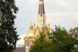 File Photo of Basilica of the Sacred Heart and Golden Dome at University of Notre Dame, with Trees in Foreground
